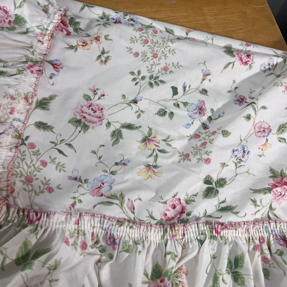 Vtg JCPenney Floral Ruffle Lace Curtain Panels 50x84 Pink Rose Cottagecore 2pc